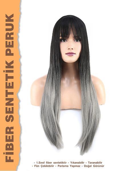 KONAK PERUK Black/Grey Ombreli Long Fiber Synthetic Wig - Straight With Perch