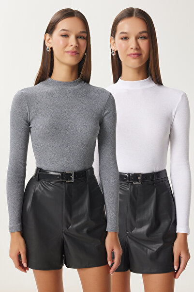 Lovelyİstanbul حزمة من 2 بلوزة محبوكة ذات ياقة مدورة أنثراسايت باللون الأبيض ...