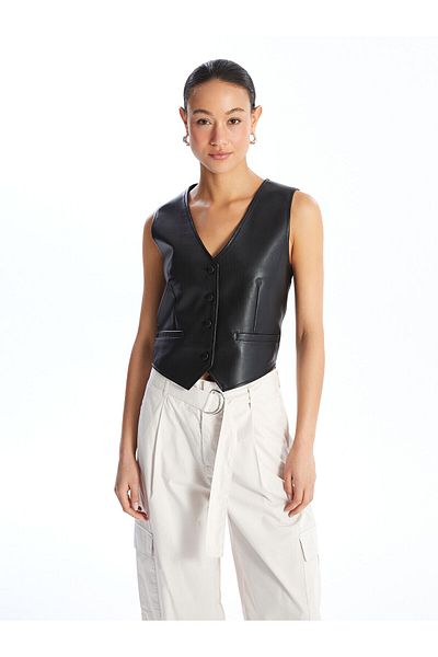 LC Waikiki Lcwk V-Neck Leather Look Women's Classic Vest