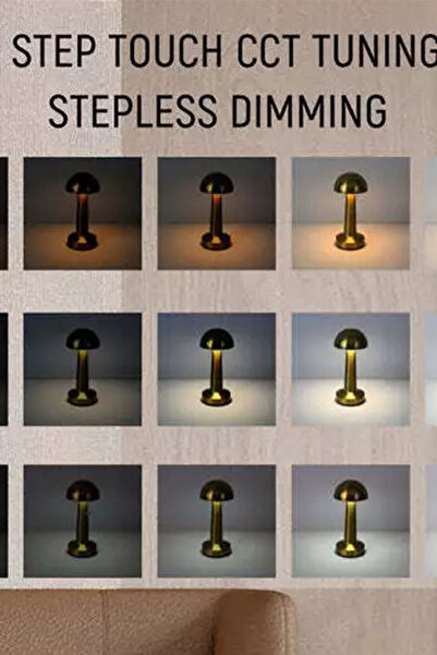 Genel Markalar Çelik Altın Gold Mantar Başlı Masa Lambası Şarjlı Dokunmatik Gece Işığı Lüks Başucu Lambası