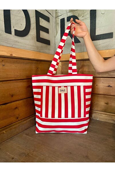 BS Kırmızı Çizgili Desenli Körüklü Bez Çanta Kadın Kol Ve Omuz Çantası