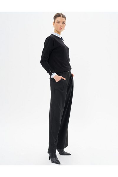 Kayra Black Trousers with High Waist and Double Pleat Detail