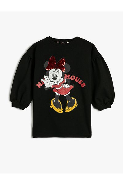 Koton Minnie Mouse Sweat Dress Licensed Long Balloon Sleeve Crew Neck