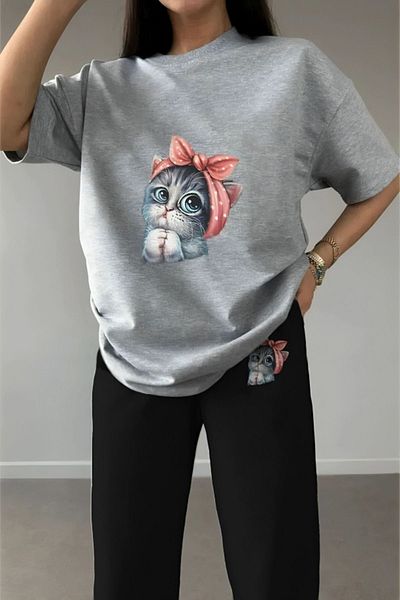Pink Sky Cute Cat Patterned Black Jogger T-Shirt and Sweatpants Set - Crew Neck