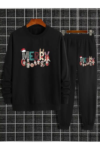 Pink Sky Christmas Printed Hooded Sweatshirt Tracksuit Bottom Top Set