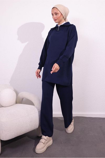 TRENDTESETTÜR Σετ Πλεκτό Navy Blue - Γυναικείο, Με Παντελόνι, T 7309