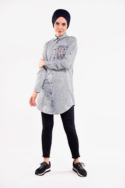 TRENDTESETTÜR Women's Gray Text Embroidered Tunic 3103
