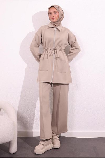 TRENDTESETTÜR Μπεζ γυναικείο σετ παντελονιών κατάδυσης - T 5654