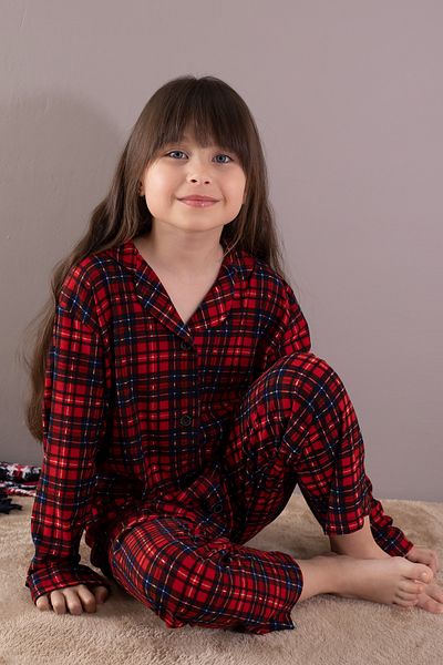 Cansın Mini Червен кариран комплект пижама за момиче с копчета 19791