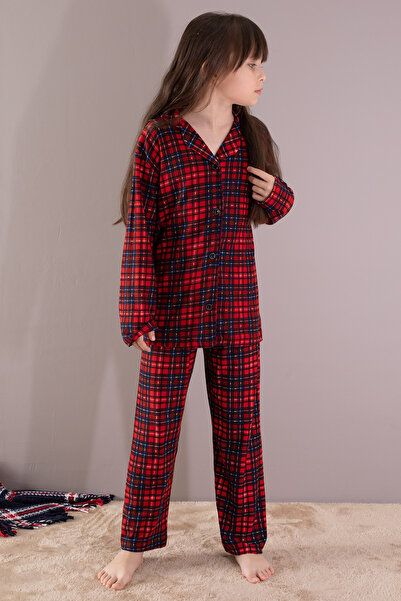 Cansın Mini Kırmızı Ekose Desenli Düğmeli Kız Çocuk Pijama Takımı 19791