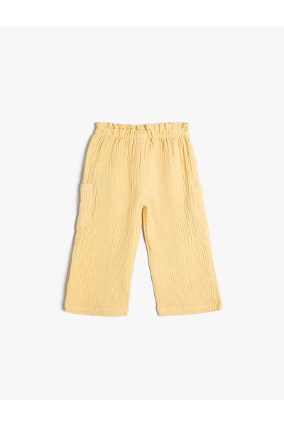 Koton Muslin Fabric Wide Leg Trousers - Pocket Detail and Elastic Waist