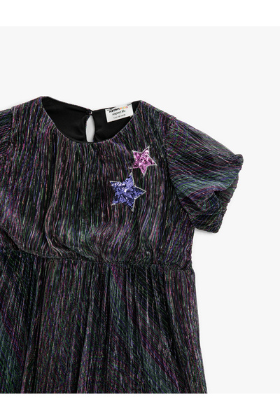 Koton Parlak Tüllü Elbise Kısa Balon Kollu Yıldız Pul Payet İşlemeli Astarlı