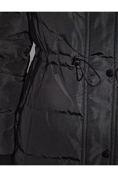 Kayra Quilted Goose Feather Hooded Fur Coat Black