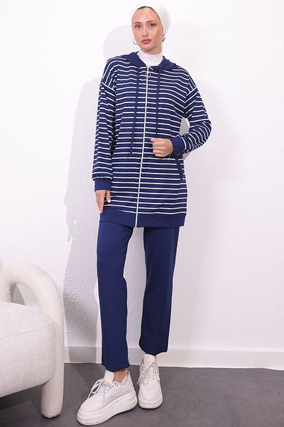 benguen Navy Blue 4513 Striped Double Set