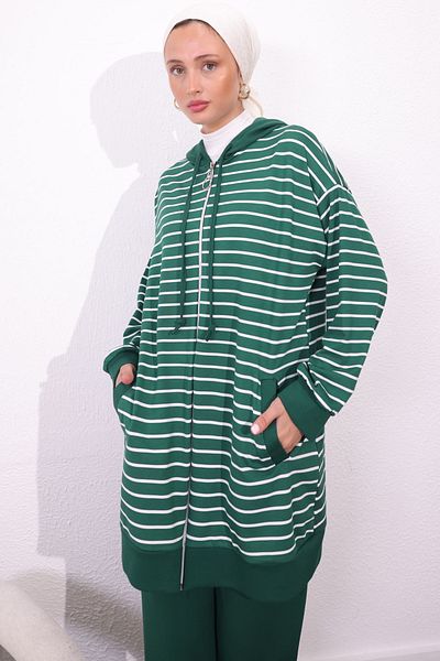 benguen 4513 Model Emerald Green Striped Double Set