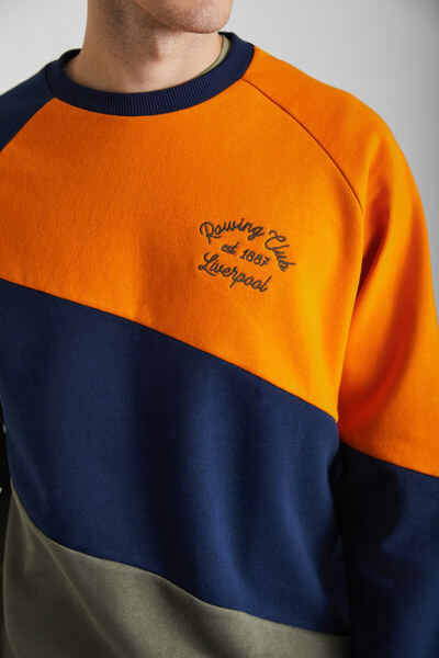 GRIMELANGE Colway Men's - Embroidered Organic Cotton Sweatshirt, Navy/Khaki/Orange, Fleece