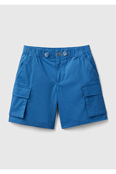 United Colors of Benetton Boy's Saks Blue Logo Embroidered Patch Pocket Drawstring Waist Loose Fit Bermuda