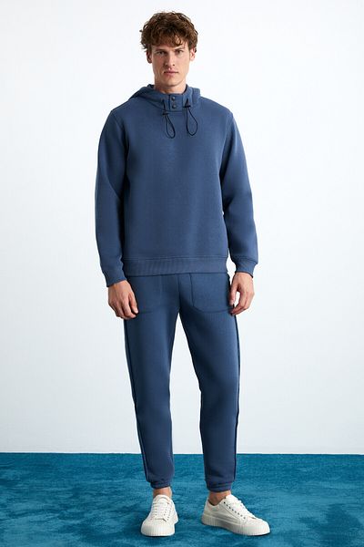 GRIMELANGE Jorna Men's 3-Thread Raster Soft Snap Collar Regular Hooded Indigo Sweatshirt