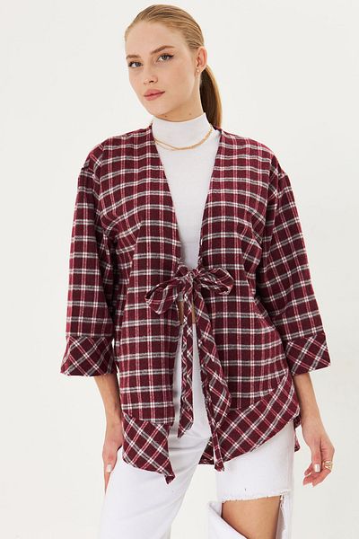 armonika Cămașă kimono în carouri cu cravată în față alb-visiniu pentru femei ARM-25K 001017