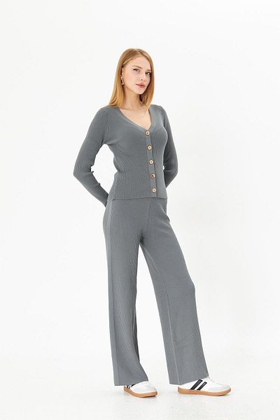Irmak Kerekli Women's Smoked Knitwear Set - Ribbed Cardigan and Trousers 1910