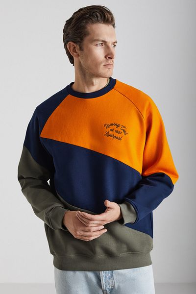GRIMELANGE Colway Men's - Embroidered Organic Cotton Sweatshirt, Navy/Khaki/Orange, Fleece