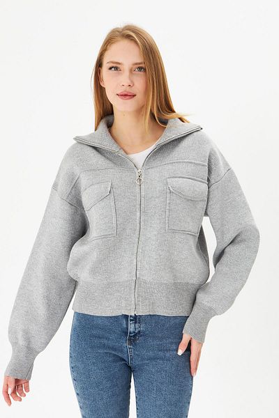 Irmak Kerekli Gray Zippered Steel Knitted Knitwear Women's Coat - 4309