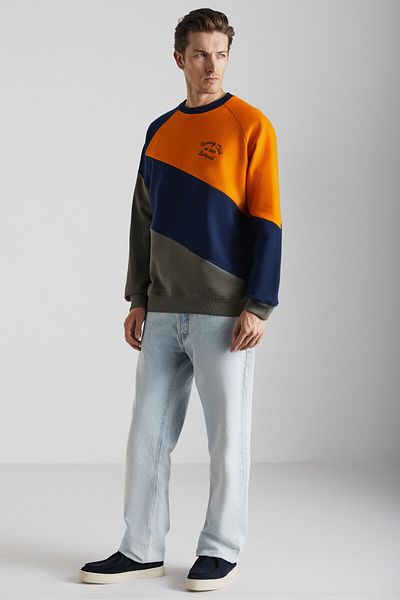 GRIMELANGE Colway Men's - Embroidered Organic Cotton Sweatshirt, Navy/Khaki/Orange, Fleece