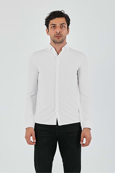 COONLESS Erkek Uzun Kol Petek Dokulu Waffle  Gömlek Beyaz