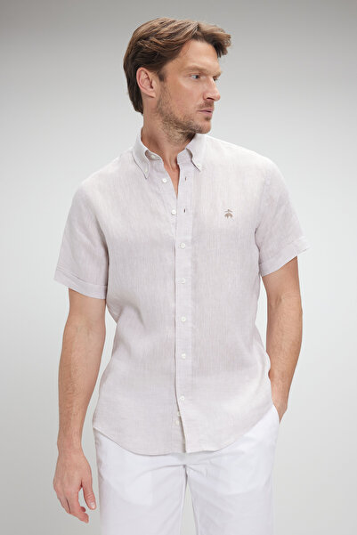 BROOKS BROTHERS Erkek Bej %100 Keten Düğmeli Yaka Kısa Kollu Regular Gömlek