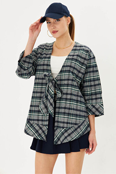 armonika Cămașă kimono în carouri cu cravată în față bleumarin pentru femei A...