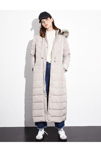 Kayra Goose Feather Filled Waist Gathered Long Coat Stone