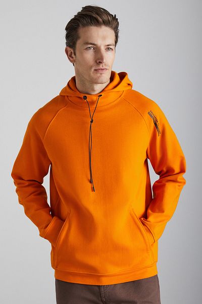 GRIMELANGE Malagos Men's Fleece Inside Soft 3 Thread Raised Regular Hooded Orange Sweatshirt