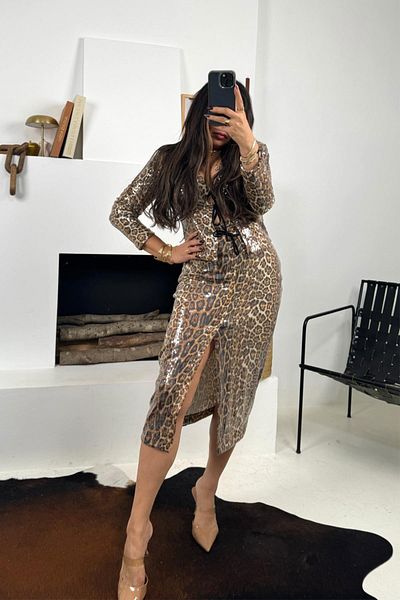 Sohotique By P Μολύβι φούστα Tan Leopard με παγιέτες