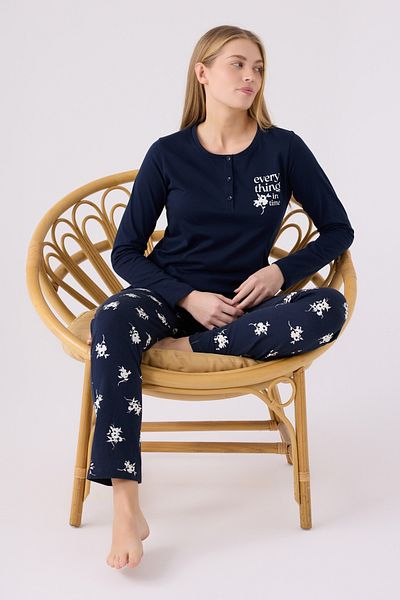 Arnetta Navy Blue Placket Buttoned Collar Printed Pajamas Set