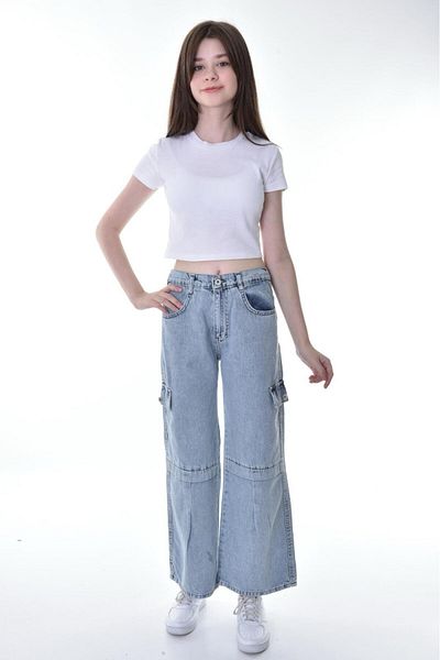 Asortik Kids Pantoon din denim din bumbac, 100% bumbac, model cargo, cu picioare late