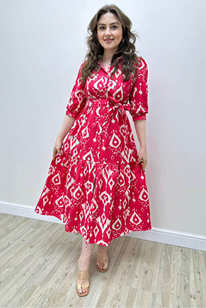 MaziButik Κόκκινο μισό μανίκι εμπριμέ φόρεμα ποπλίνα