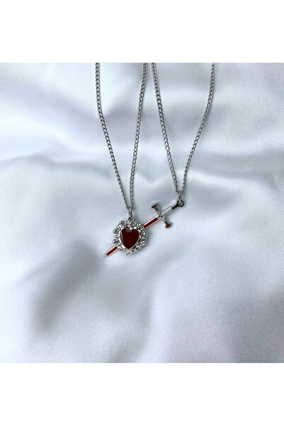 Herşey Nota Birleşebilen Kılıç ve Kalp İkili Gotik Gümüş Kaplama Kırmızı Mine...