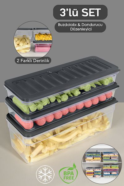 Meleni Home 3-Piece Anthracite Refrigerator Organizer Set - Deep and Shallow Microwave Freezer Container