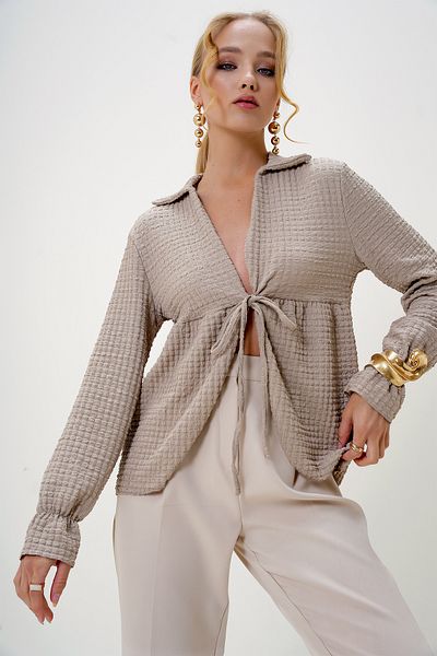 Trend Alaçatı Stili Beige Polo Collar Tied Seersucker Blouse - Alc-X13123