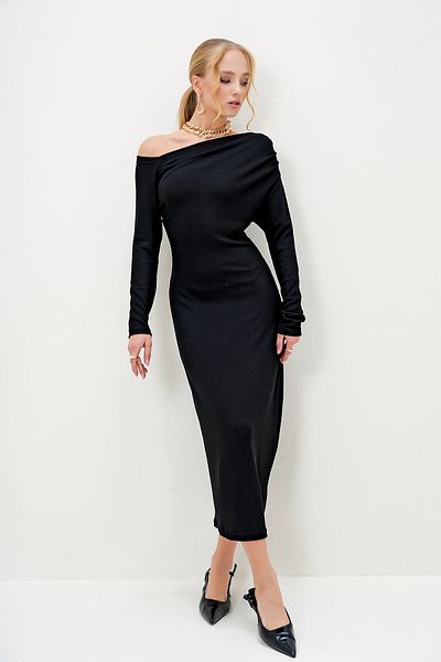 Trend Alaçatı Stili Women's Black Boat Neck Draped Shoulder Maxi Length Dress Alc-X13040