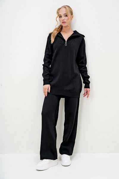 Trend Alaçatı Stili Women's Black Sailor Collar Shepherd Stitched Oversize Knitwear Sweater and Elastic Waist Pants Suit Alc-X13049