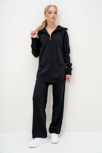Trend Alaçatı Stili Women's Black Sailor Collar Shepherd Stitched Oversize Knitwear Sweater and Elastic Waist Pants Suit Alc-X13049