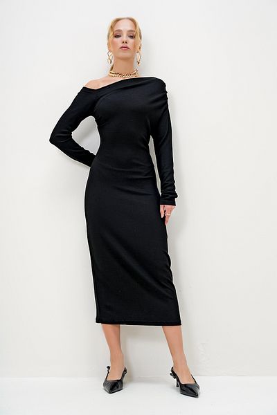 Trend Alaçatı Stili Women's Black Boat Neck Draped Shoulder Maxi Length Dress Alc-X13040