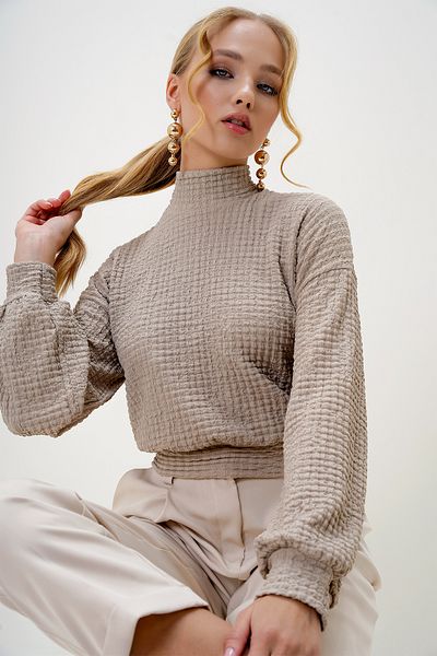 Trend Alaçatı Stili Women's Beige Half Turtleneck Seersucker Fabric Crop Blouse Alc-X13124