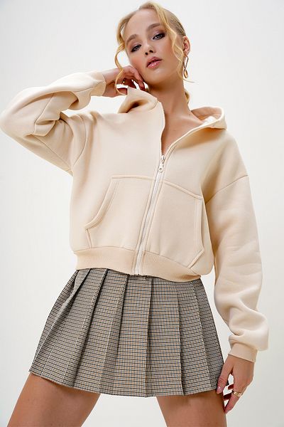 Trend Alaçatı Stili Cream Women's Crop Sweatshirt - Hooded, Kangaroo Pocket, Ribbon, 3 Thread Alc-X11032