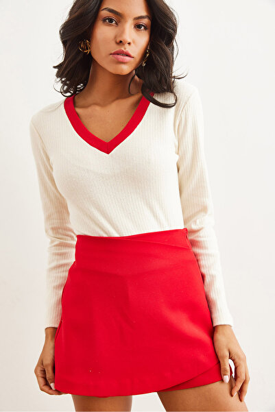 Olalook Γυναικεία εκρού κόκκινη λαιμόκοψη Λεπτομερής ανυψωμένη μπλούζα Lycra BLZ- 19002746