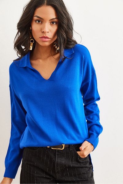 Olalook Women's Saks Blue Polo Collar Basic Knitwear Sweater Kzk- 19000871