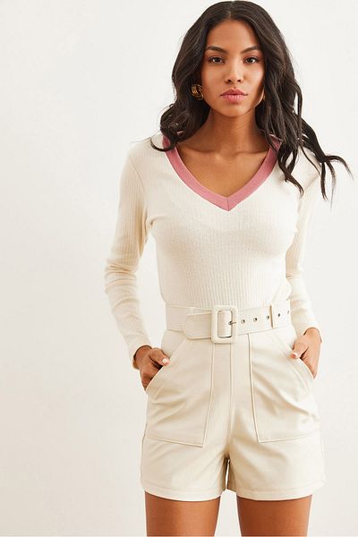 Olalook Ecru Faux Leather Women's Shorts - Belted, Zippered and Pocketed Shirt- 19000054