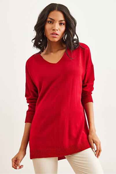Olalook Red Knitwear V-Neck Sweater - Side Slit Kzk- 19000868