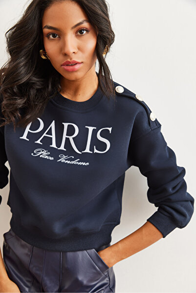 Olalook Hanorac de damă bleumarin - Nasturi pe umeri, ridicat, crop gros - SWT- 19000695